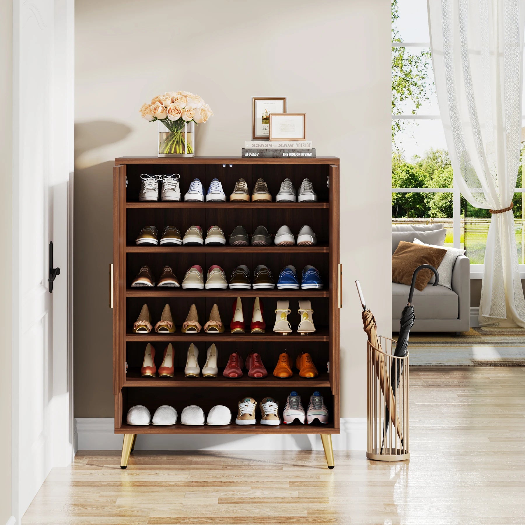 Tribesigns 6-Tier Shoe Cabinet with Doors, Walnut Wooden Shoe Storage Cabinet with Adjustable Shelves for Entryway - vue 4 sur 7