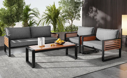 salon de jardin 4 pièces avec canapé et chaises en fer galvanisé