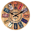 A Creative Retro Wooden Density Board Veneer Decorative Wall Clock, 1873 London Kaiston Station Element Pattern Design Wall Clock, Silent Silent Quartz Clock, Living Room Bedroom, Room Decoration, Mental Home Decoration, Birt