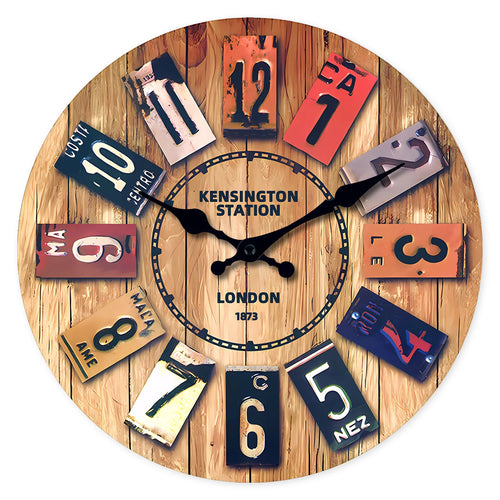 A Creative Retro Wooden Density Board Veneer Decorative Wall Clock, 1873 London Kaiston Station Element Pattern Design Wall Clock, Silent Silent Quartz Clock, Living Room Bedroom, Room Decoration, Mental Home Decoration, Birt - vue 2 sur 7
