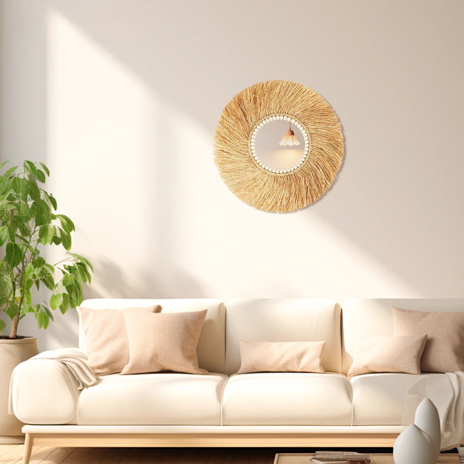 miroir décoratif en perles de bois et bambou fait à la main - vue 5 sur 7