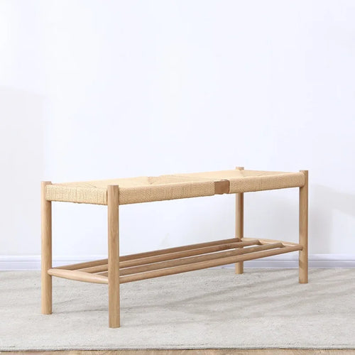 banc nordique en bois massif avec corde tressée design simple - vue 2 sur 6