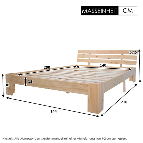EU STOCK Wooden bed Double bed, headboard, slatted grille -200 x 140cm solid wood FSC Solid wood double bed