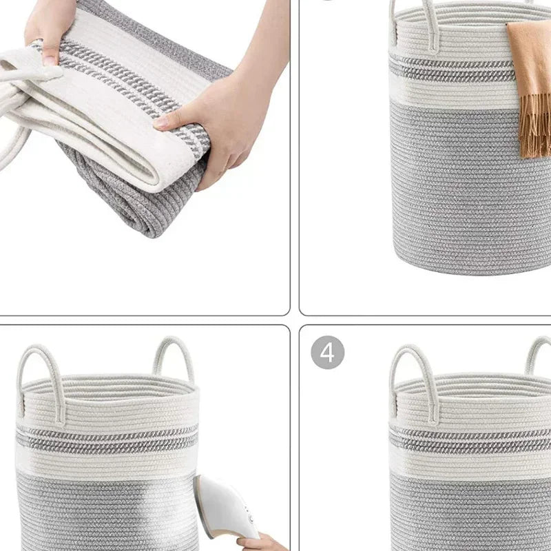 grand panier à linge tissé avec poignées en coton pliable - vue 7 sur 10