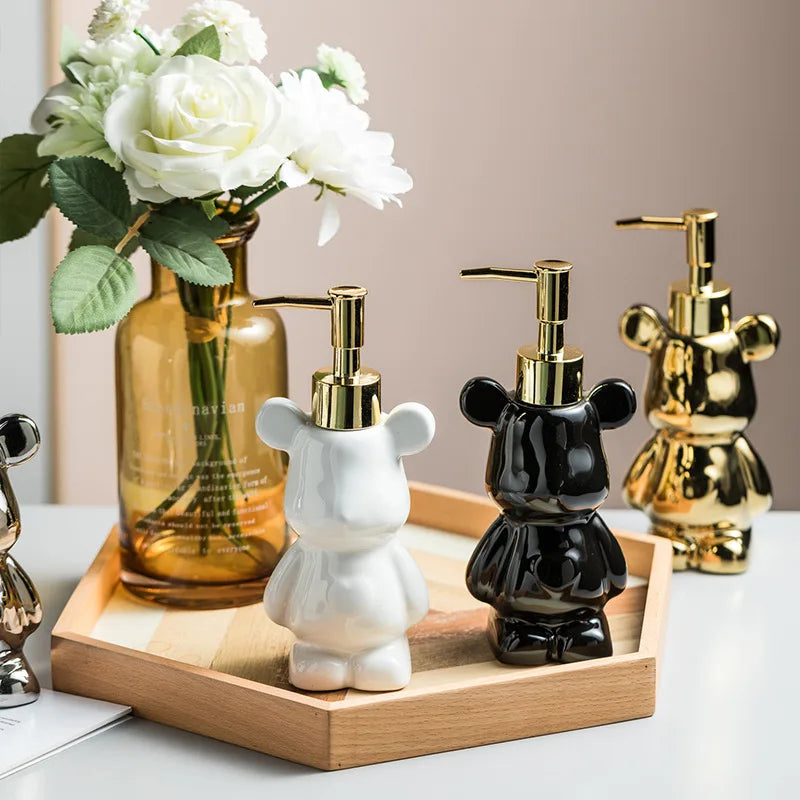Bear Shape Ceramics Soap and Gel Dispenser, Creative Gold Silver, 200ml Empty Shampoo Bottle, Bathroom Storage Accessories - vue 6 sur 10
