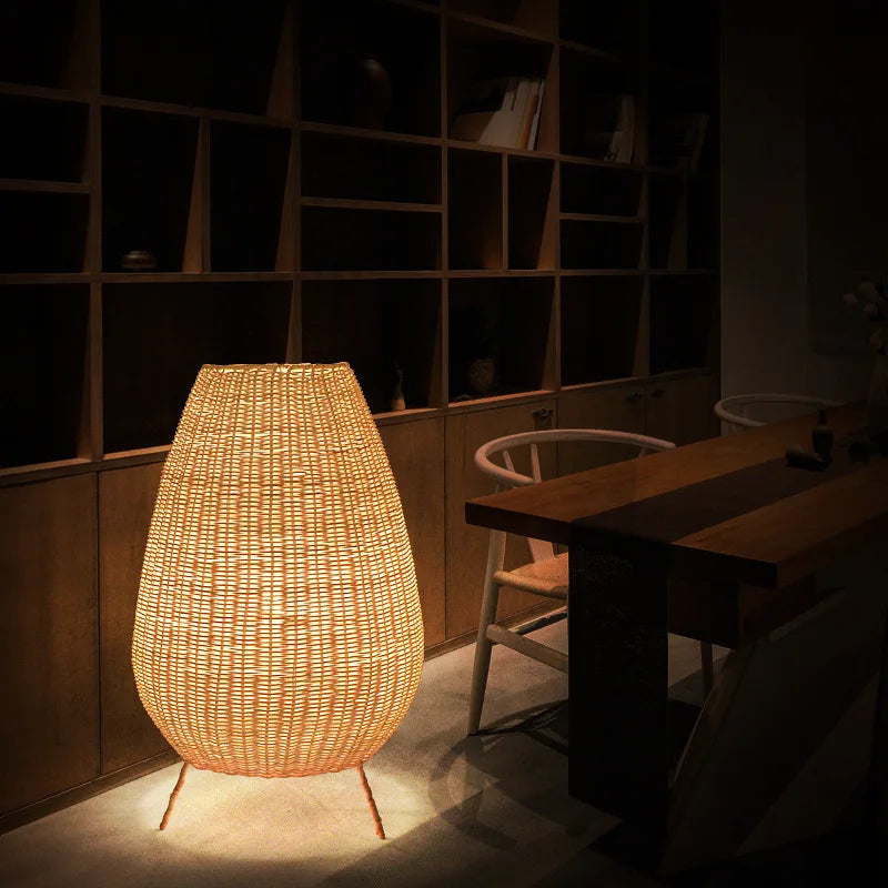 Lampadaire style asiatique en rotin naturel - vue 7 sur 12