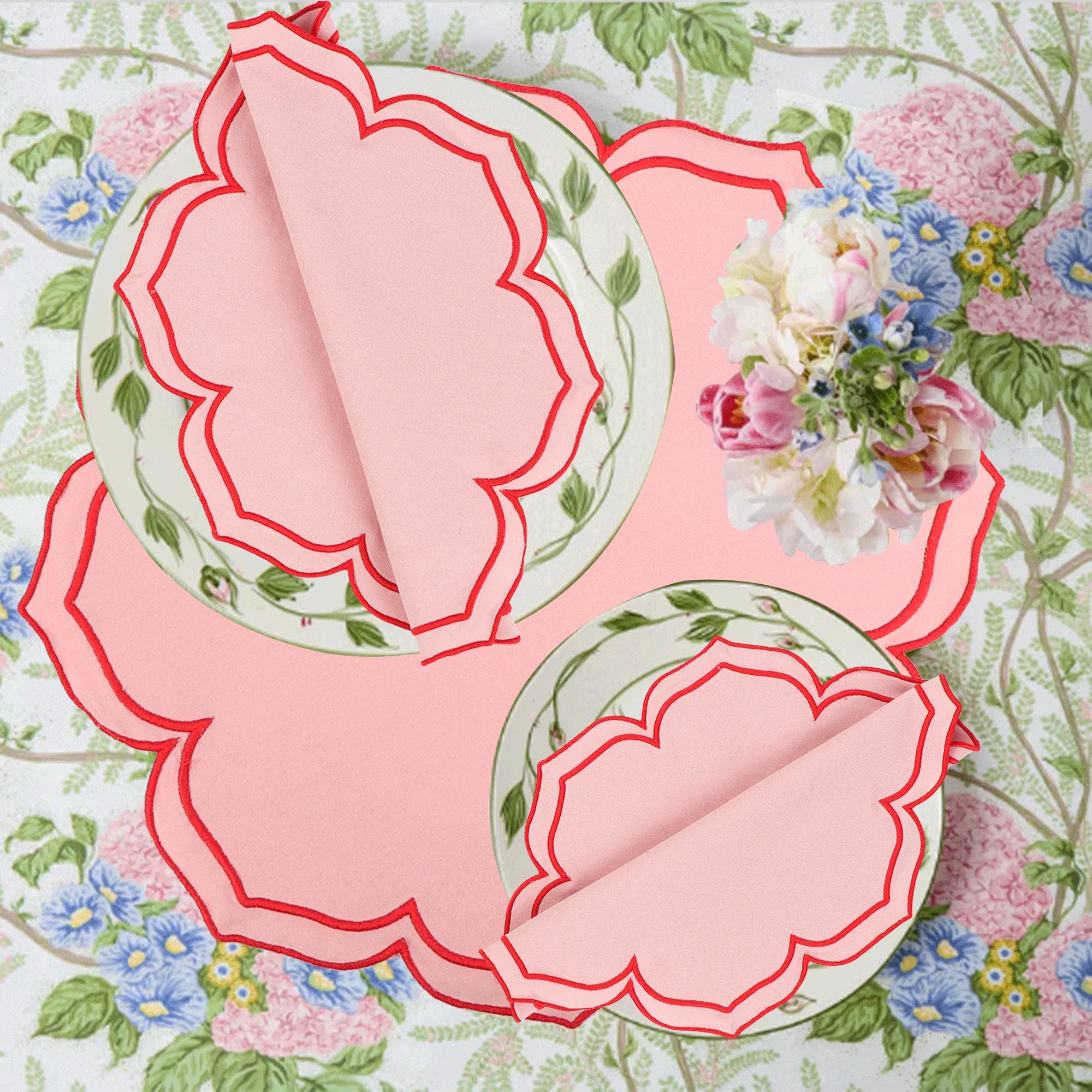 Serviette de table coton lotus brodé style champêtre - vue 3 sur 7