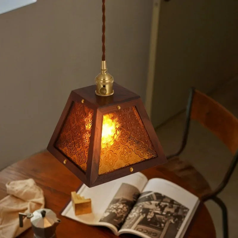 Noyer Vintage Suspension Vieux Shanghai Motif Coloré Haitang Verre Bois Massif Chevet Chambre Bar Table Restaurant Lampe