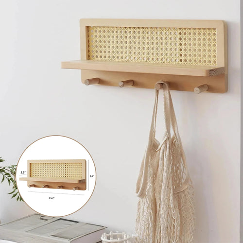 étagère murale en rotin et bois style bohème avec crochets décoratifs
