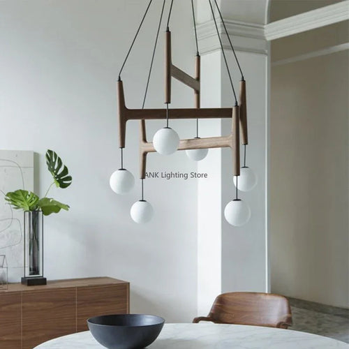 Italian Porada ASTRA wooden pendant light retro multi-head minimalist restaurant living room LED chandelier indoor lamp - vue 2 sur 9