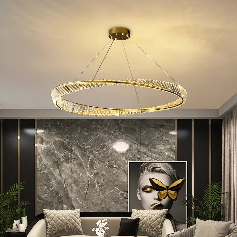 lustre led moderne en cristal k9 avec anneau irrégulier