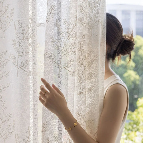 Voilage tulle brodé motifs feuilles pour salon chambre - vue 6 sur 7
