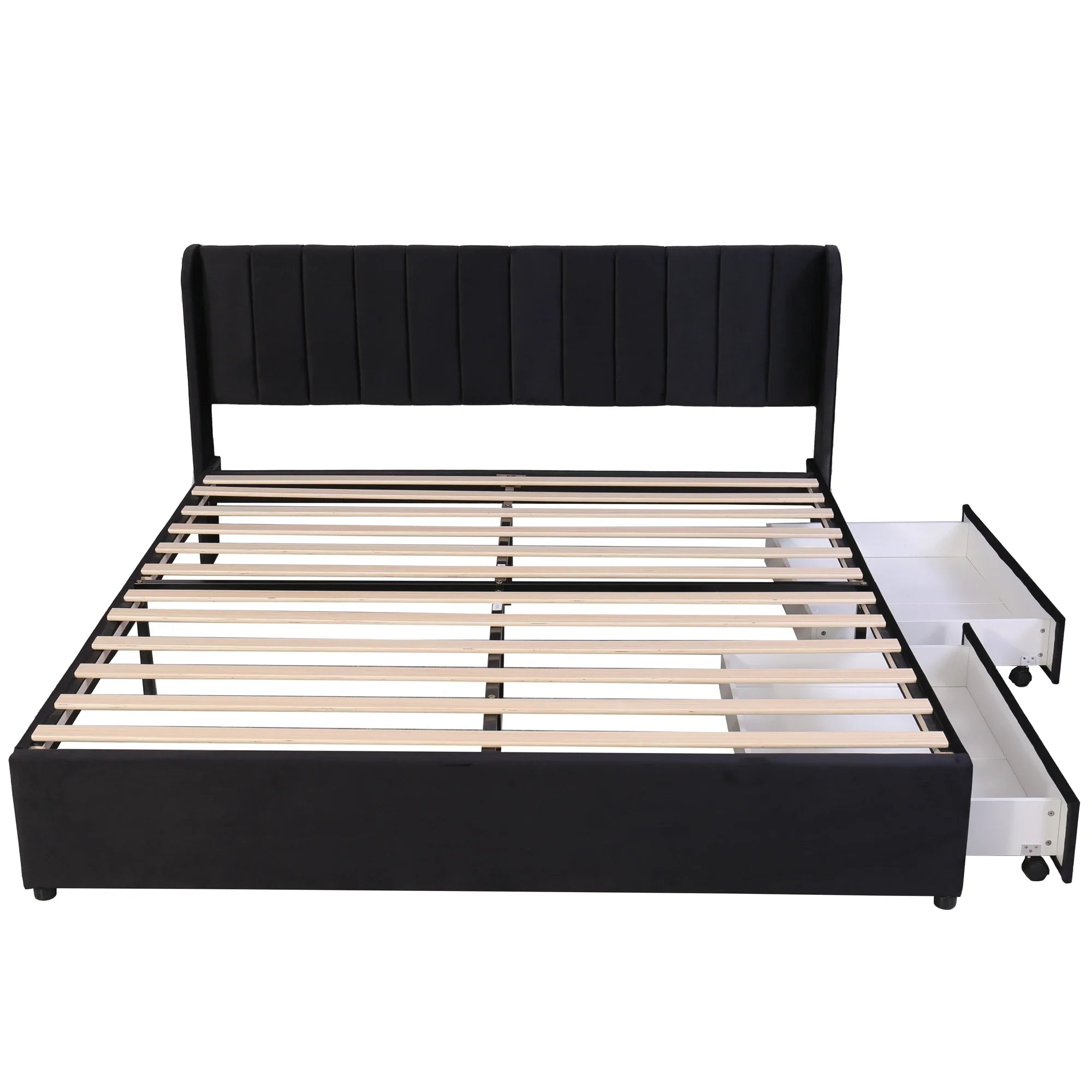 VSOGA Upholstered Bed 180 X 200 Cm Velvet With Slatted Backrest 2 Drawers, Black，160 X 200 Cm, Gray - vue 4 sur 8