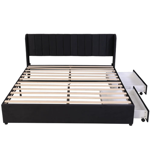 VSOGA Upholstered Bed 180 X 200 Cm Velvet With Slatted Backrest 2 Drawers, Black，160 X 200 Cm, Gray - vue 5 sur 8