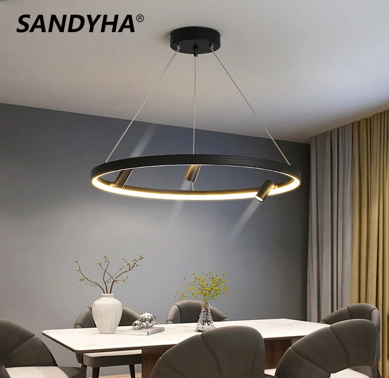 lustre led simple et moderne avec anneau suspension noir - vue 3 sur 9