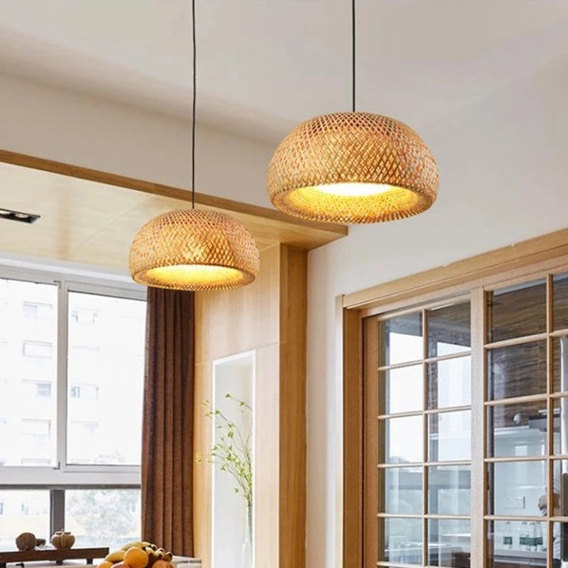 Suspension en bambou tissé à la main rétro salle à manger lanterne lustre E27 jardin maison chambre luminaires décoratifs suspension - vue 10 sur 14