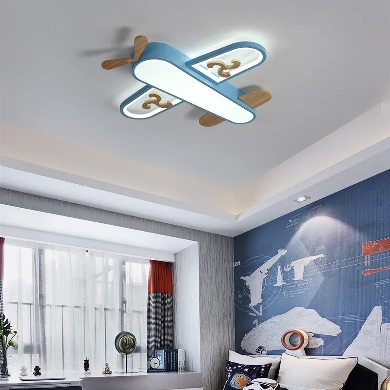 Minimalist wooden LED airplane ceiling light for children - vue 3 sur 10