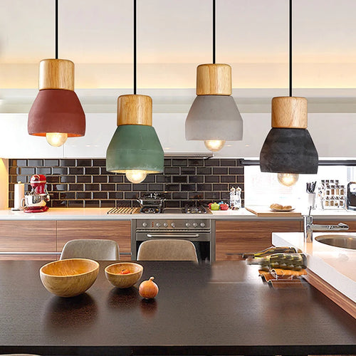 4 colour nordic loft style E27 wood and cement pendant light for living room, restaurant, cafe or bedroom – modern colourful ceiling lamp - vue 2 sur 10