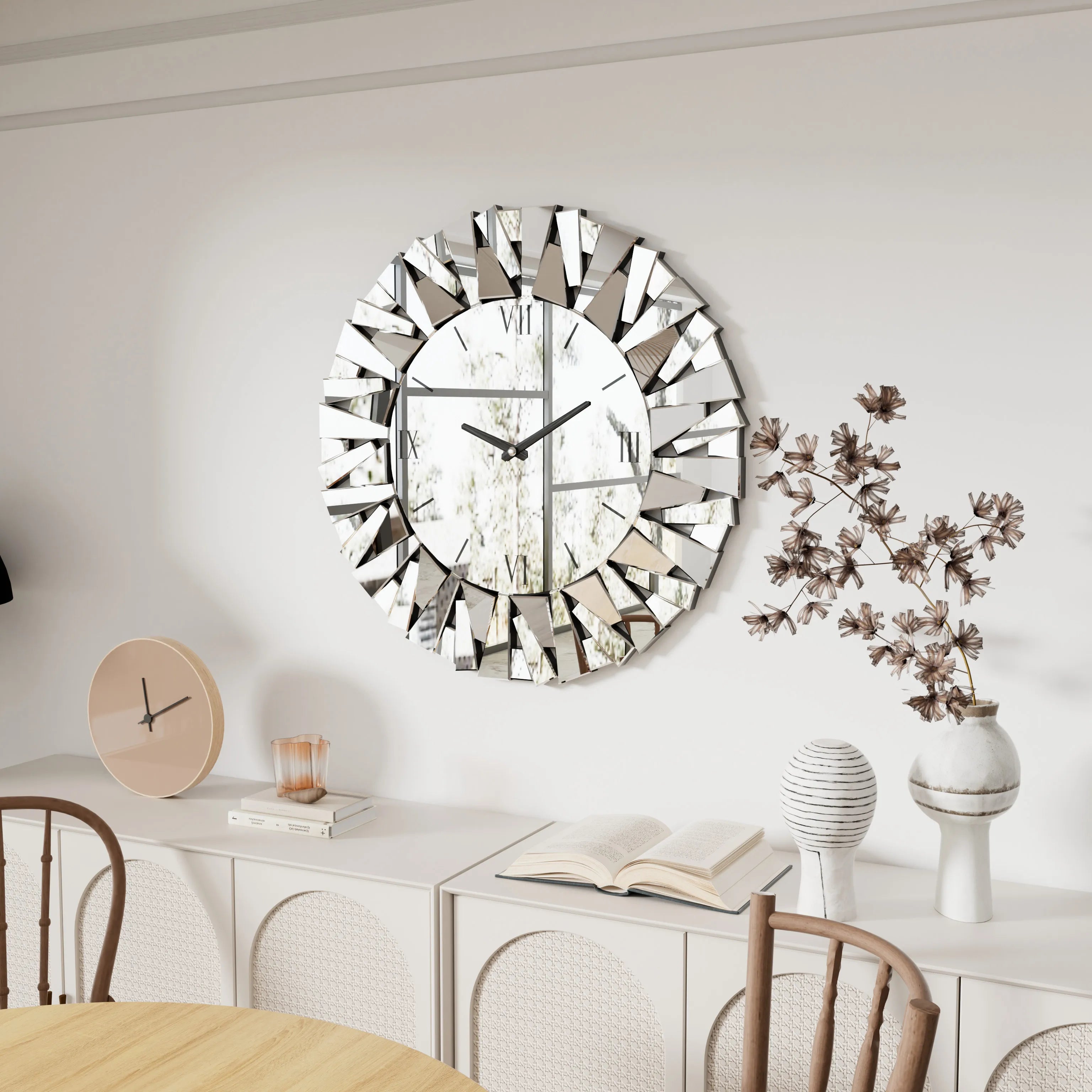 Wisfor Large Modern Wall Clock 32 Inch Round Beveled Glass Edge Wall Mirror with Clock for Modern Living Room,Home Interiors - vue 4 sur 7