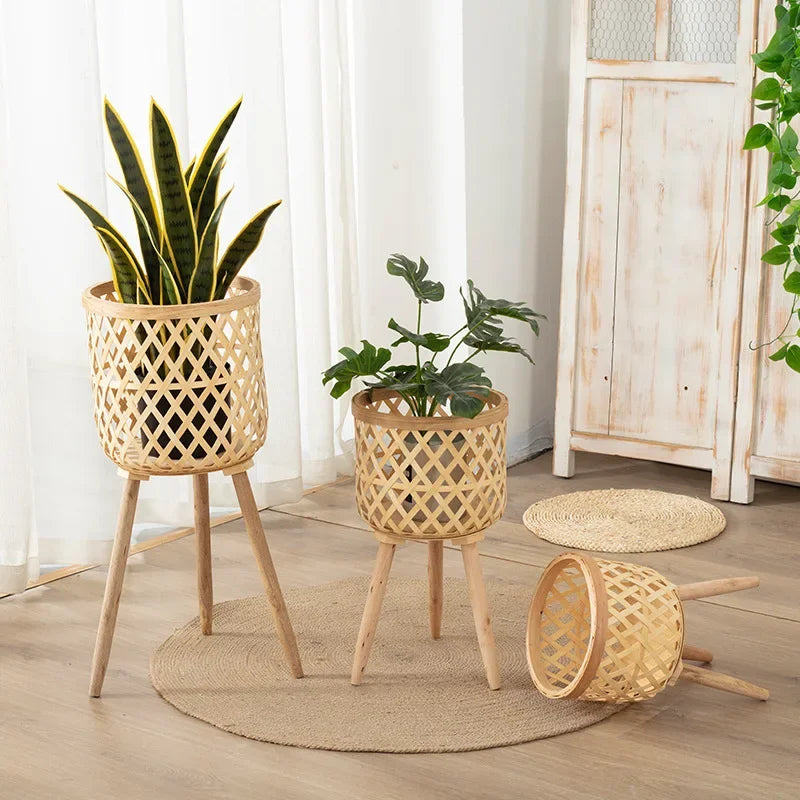 Nordic style rattan woven flower pot, indoor balcony, living room, plants, green ivy, hand woven wooden high legged floor flower - vue 3 sur 6