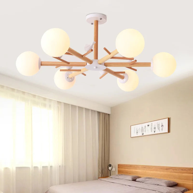 lustre en bois naturel avec abat-jour rond en verre moderne - vue 4 sur 9