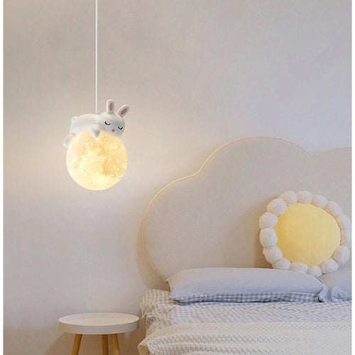 Suspension ours chevet enfant 3d lune lapin blanc veilleuse - vue 4 sur 10