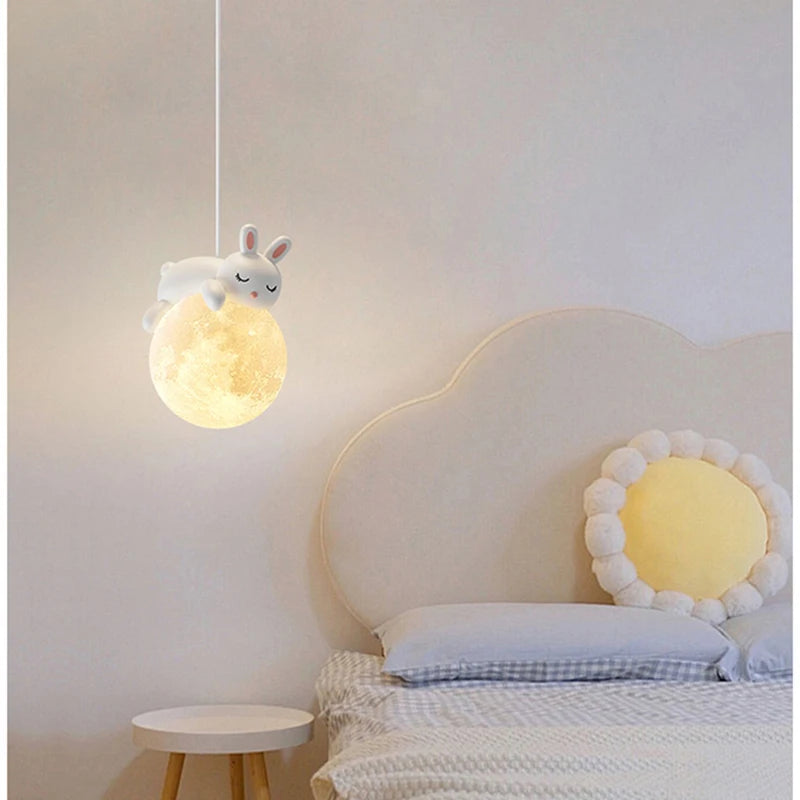 Suspension ours chevet enfant 3d lune lapin blanc veilleuse - vue 3 sur 10