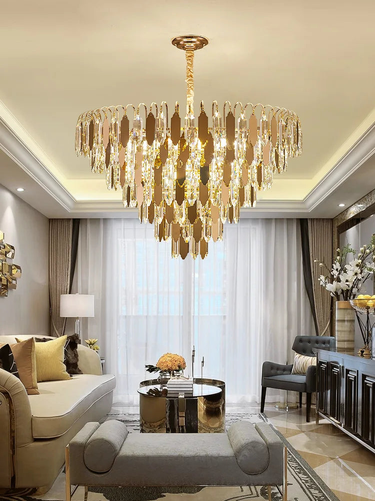 lustre à led de luxe en or chromé pour décoration moderne - vue 6 sur 17