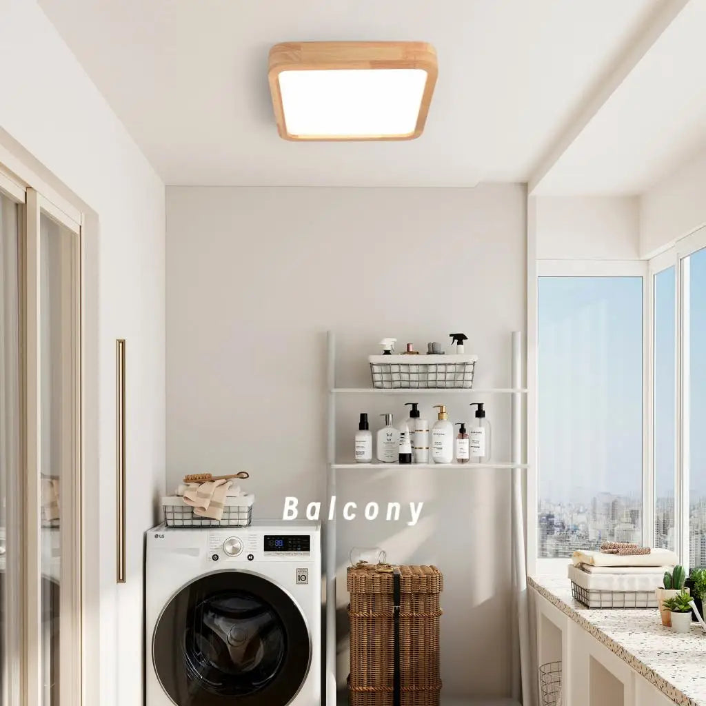 plafonnier led ultra-fin design nordique moderne avec abat-jour en bois - vue 7 sur 8