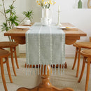 Chemin de table bohème coton lin pompons tissés