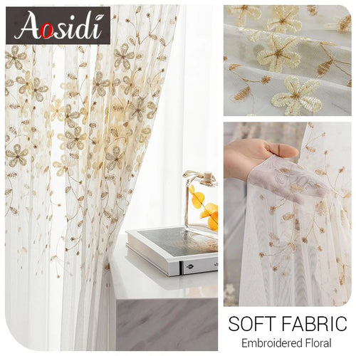 Voilage brodé fleurs style pastoral pour salon chambre - vue 2 sur 7