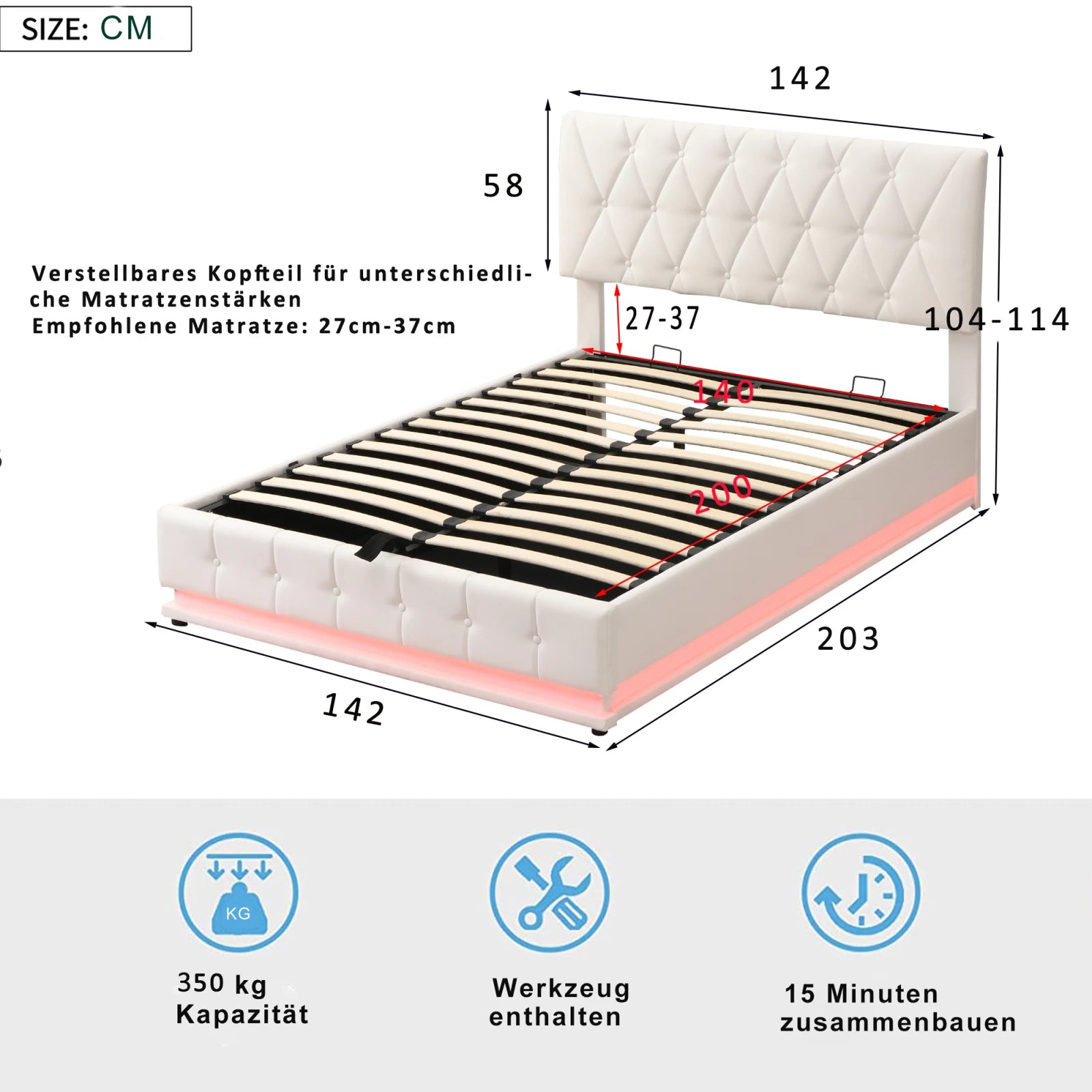 Upholstered Bed 140 x 200 cm with LED Lighting, Double Bed with Slatted Frame and Storage Space,No Mattresses - vue 4 sur 7