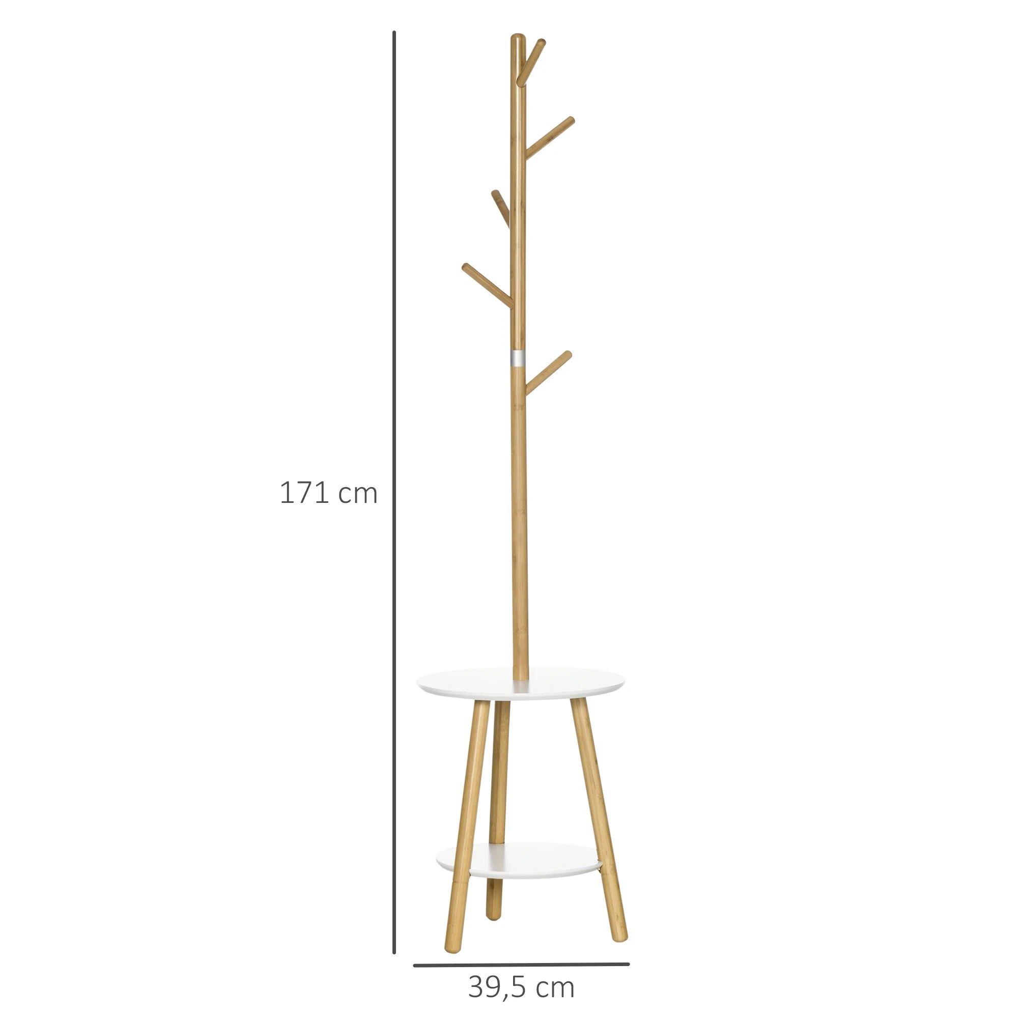 HOMCOM 2 in 1 bamboo stand rack with 2 shelves 5 hooks 39.5x39.5x171 cm - vue 3 sur 7