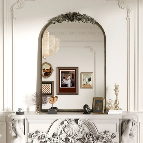 LUVODI Arched Antique Brass Wall Mirror Metal Frame Adorned with Resin Rose Pattern for Entryway,Fireplace,Living Room - vue 2 sur 7