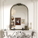 LUVODI Arched Antique Brass Wall Mirror Metal Frame Adorned with Resin Rose Pattern for Entryway,Fireplace,Living Room