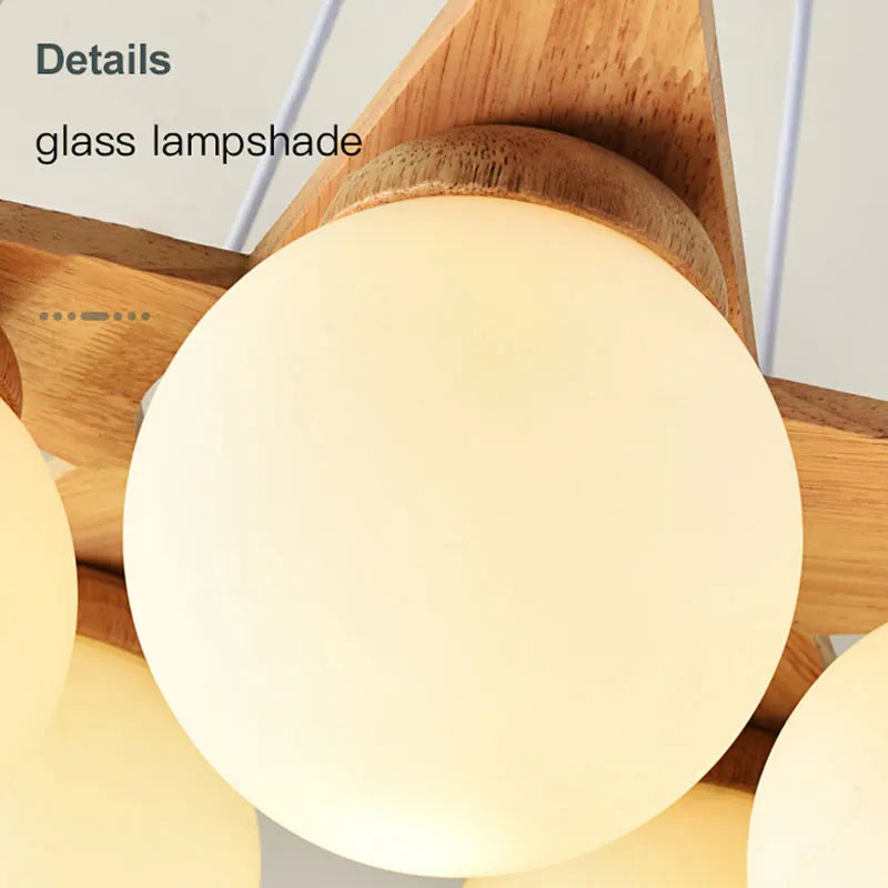 lustre en bois nordique avec boule en verre blanc - vue 6 sur 8