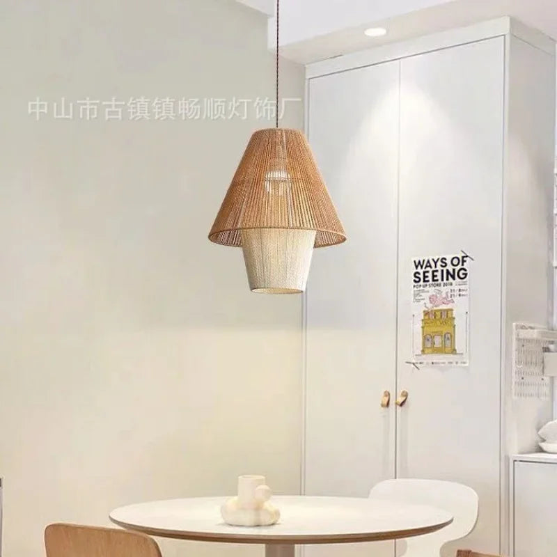 Rétro créatif corde de chanvre rotin chambres d'hôtes lampes Style silencieux rotin lampe de Table à manger Simple auberge salon lustre - vue 3 sur 9