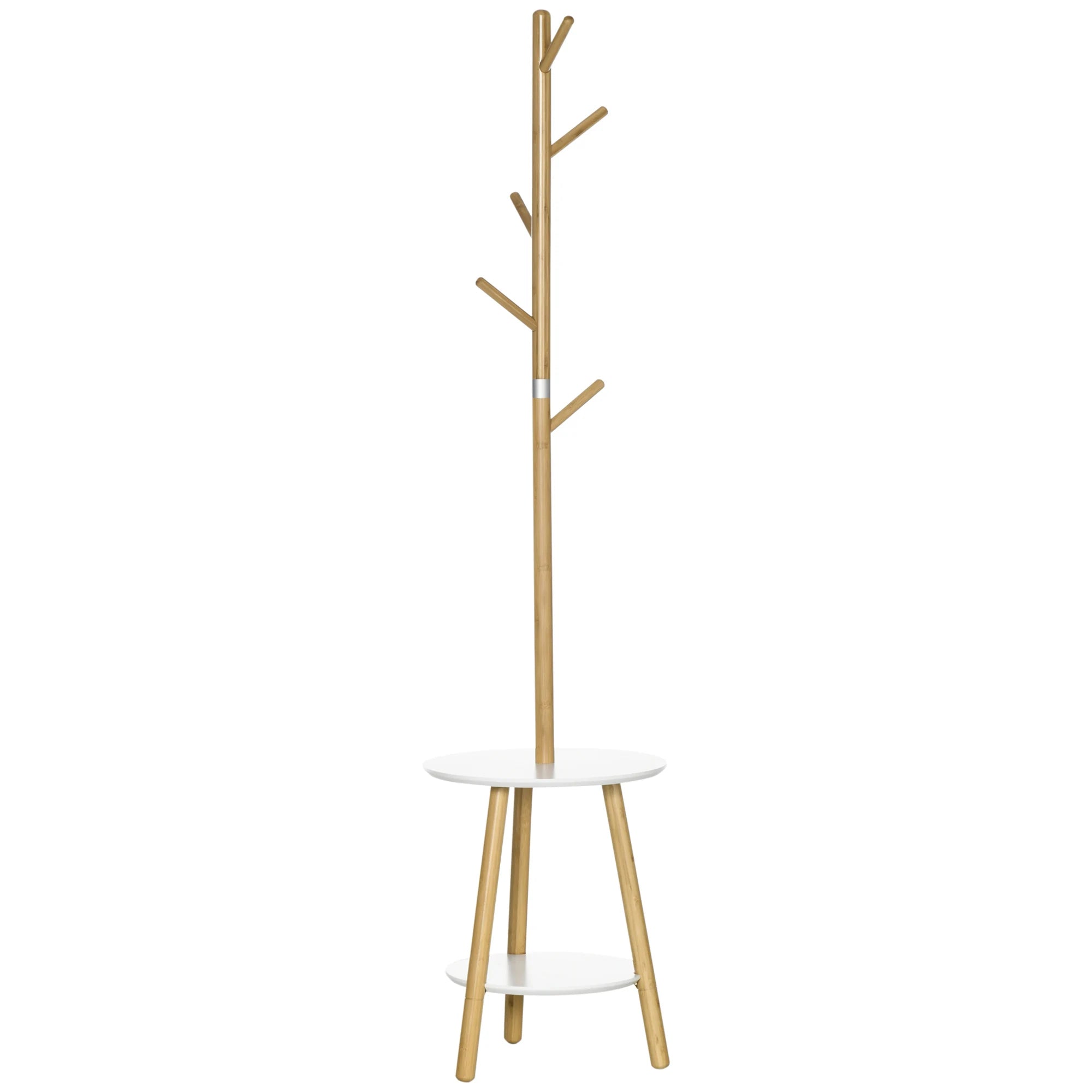 HOMCOM 2 in 1 bamboo stand rack with 2 shelves 5 hooks 39.5x39.5x171 cm