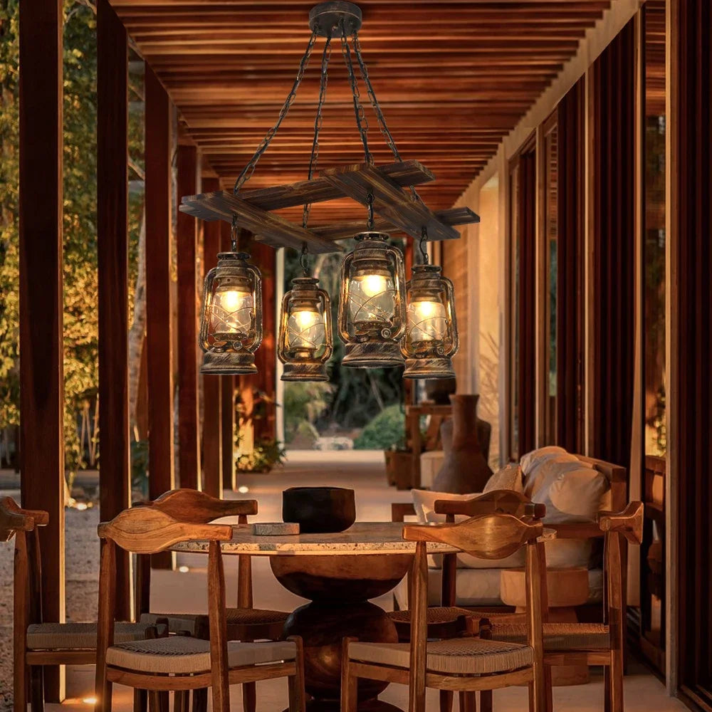 lustre rétro en bois et verre pour décoration élégante - vue 4 sur 8