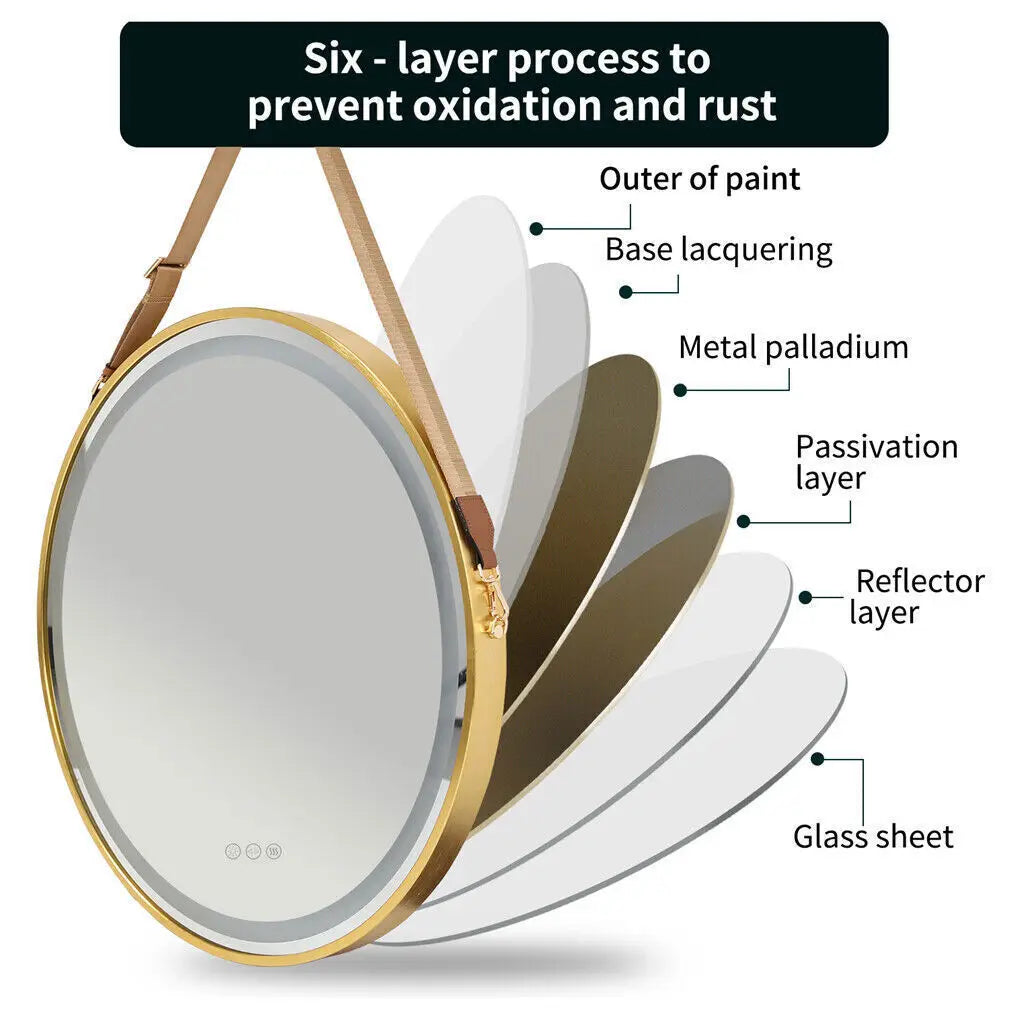 600mm Round LED Mirror Illuminated Lighted Wall Hanging Bathroom Mirror, Anti-fog, Golden/ Black Frame for Bathroom Entryway - vue 6 sur 8