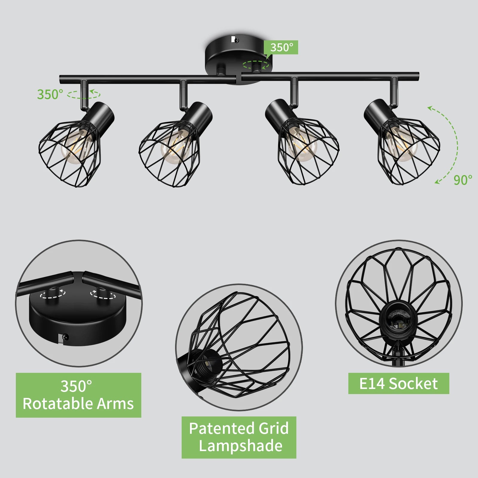 Plafonnier LED 4 voies rotatif - Lumières noires/blanches - Luminaires de plafond - Cage métallique pour plafond E14 - Spot de plafond - vue 6 sur 8