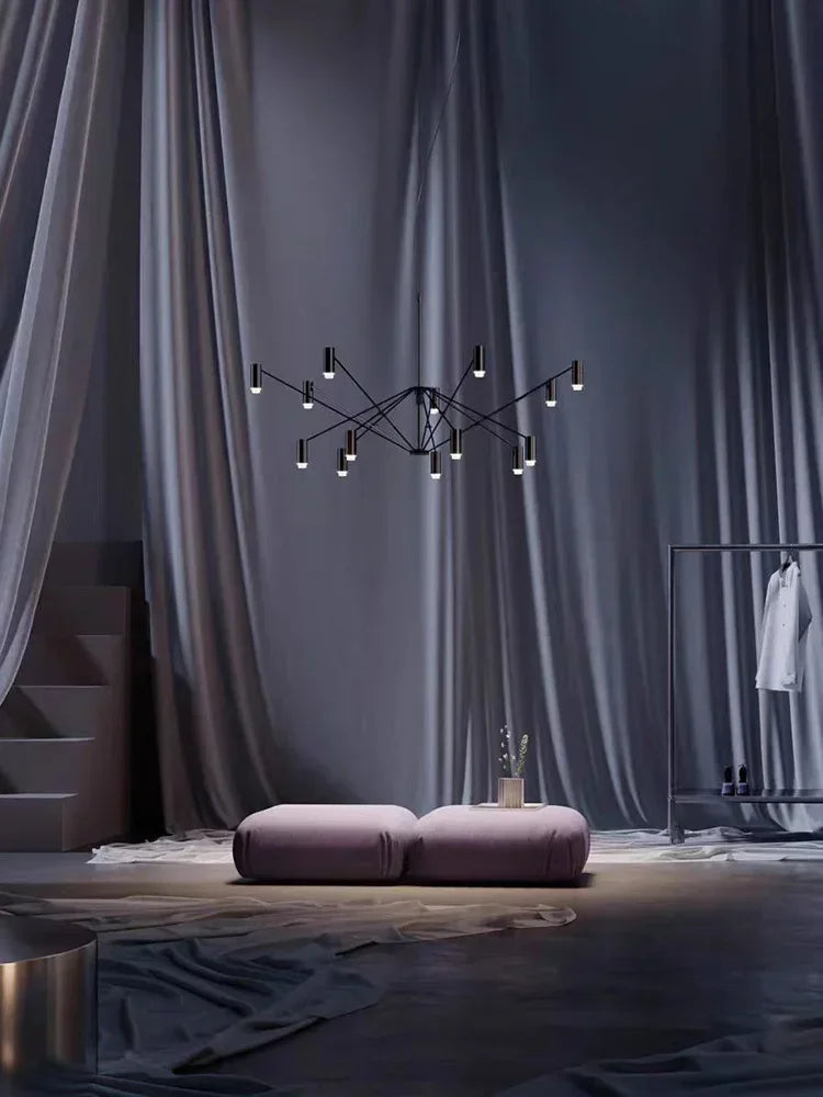 Modern minimalist indoor home lighting hanging design, living room, dining room, attic, black chandelier, room decoration - vue 5 sur 8