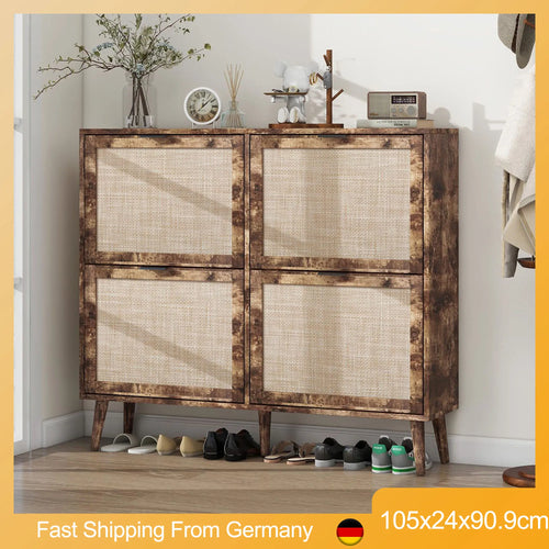 Shoe Cabinet Retro Country House Style, with 4 Rattan Flaps, Wooden Shoe Rack, Shoe Storage Chest for 20-36 Pairs of Shoes - vue 2 sur 10