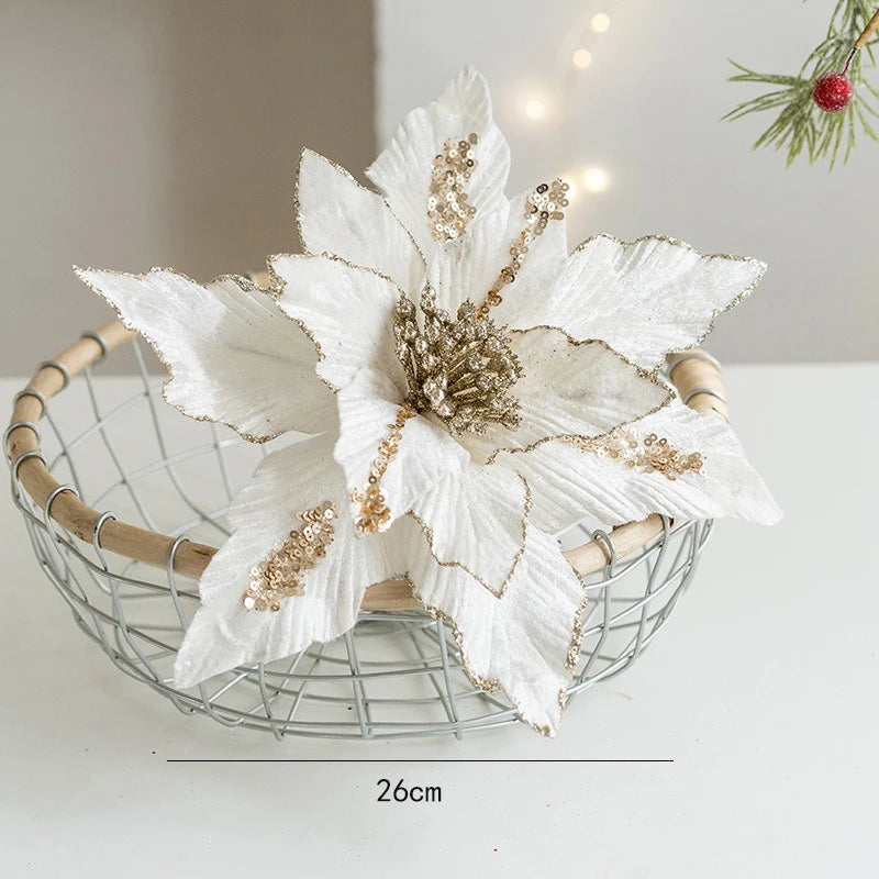 fleur de noël artificielle en velours pailleté décoration festive pour maison - vue 8 sur 12