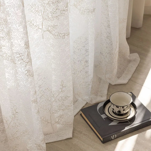Voilage tulle brodé motifs feuilles pour salon chambre - vue 2 sur 7