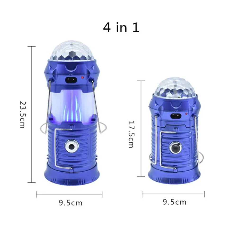 Solar Powered 4-in-1 Flame Waterproof Led Camping Lantern Light& Magic Ball Disco Lamp Flashlight for Tent,Party - vue 3 sur 9