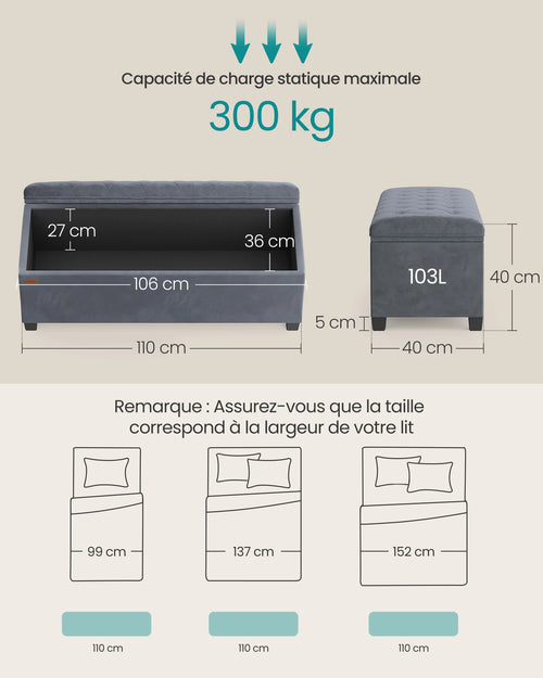 SONGMICS Stool with Storage Space, Bench with Legs, 40 x 110 x 40 cm Footstool, Storage Box, Maximum Load 300 kg - vue 6 sur 8