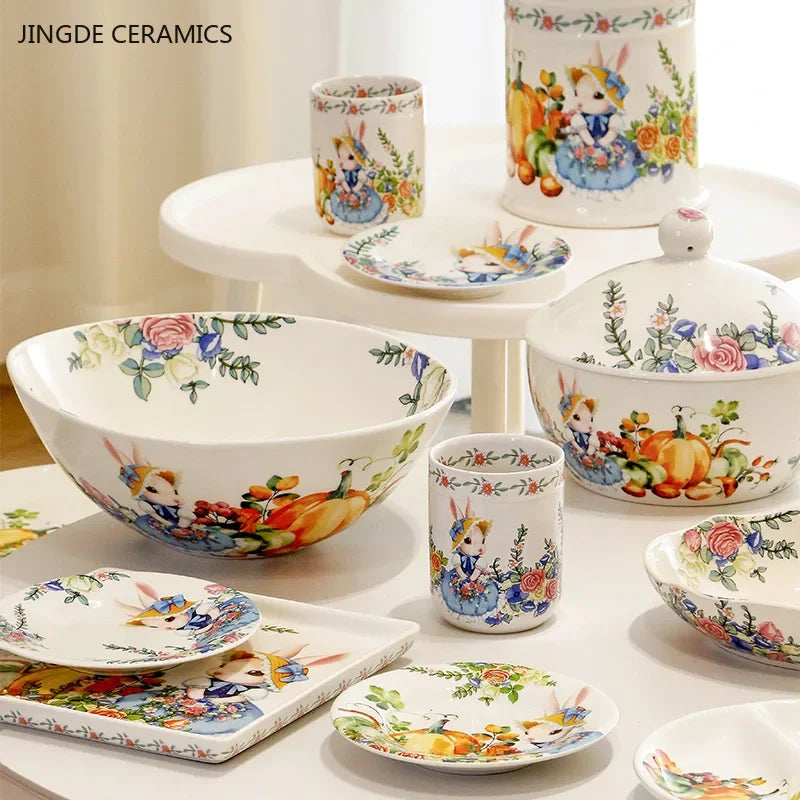 Assiette céramique motif citrouille et lapin style jardin