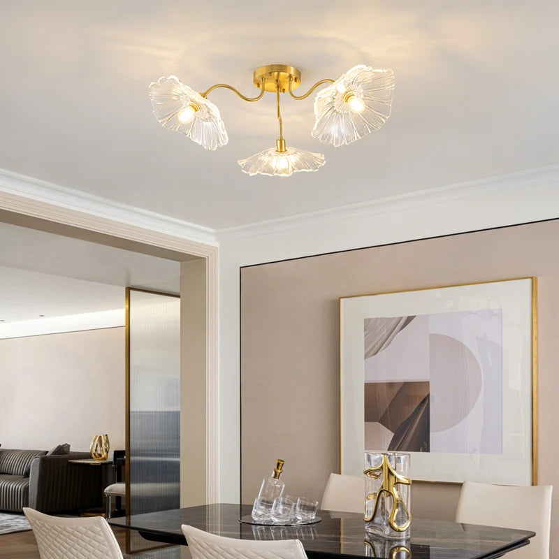 lustre nordique en fer avec verre et décoration dorée - vue 4 sur 12