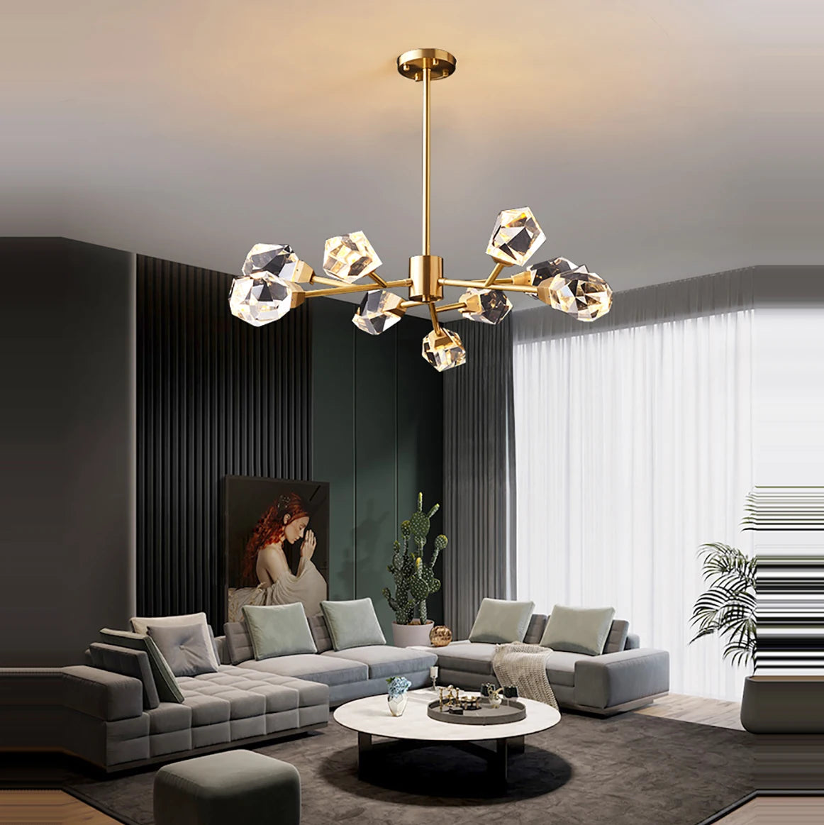 lustre moderne en laiton diamant cristal led de luxe - vue 4 sur 18